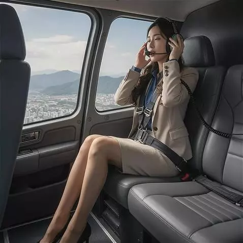 AI Video from prompt: A businesswoman wearing headphones sits in a hel