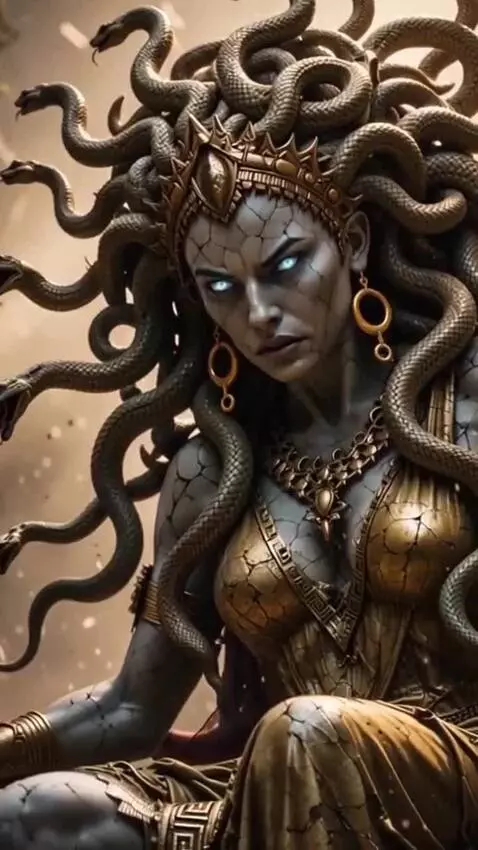 AI Video from prompt: Medusa rises from the throne. Her eyes begin to 