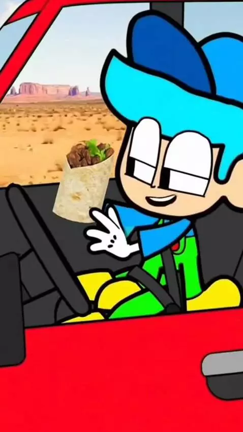 AI Video from prompt: A character is driving a car, eating a shawerma,