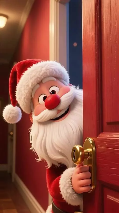 AI Video from prompt: Ded Moroz peeks out from behind fhe door, smiles
