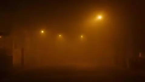 AI Video from prompt: Nighttime suburban street, flickering streetligh