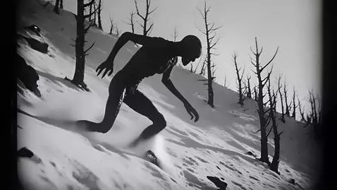 AI Video from prompt: A creepy otherworldly monster descends a snow-co