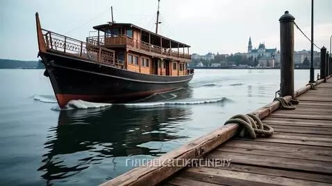 AI Video from prompt: речной теплоход подходит к причалу в городе Кост