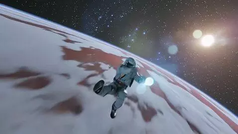 AI Video from prompt: The astronaut leaps suddenly from the surface of