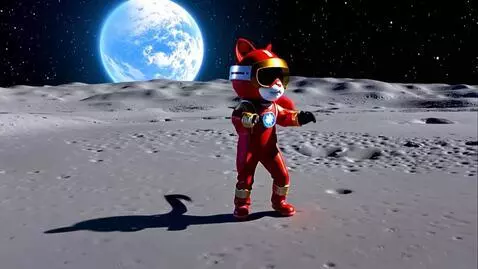 AI Video from prompt: A red cat in a spacesuit is dancing on the surfa
