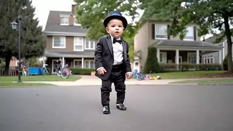 AI Video from prompt: A baby boy on his way to school in a tuxedo afte