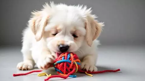 AI Video from prompt: a white maltese puppy playing with a ball of str