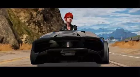 AI Video from prompt: A sleek black sports car speeds down a neon-lit 