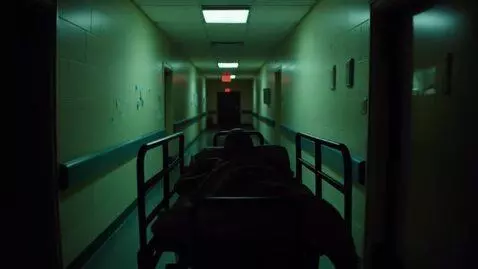 AI Video from prompt: A dim hospital hallway with peeling paint and fl