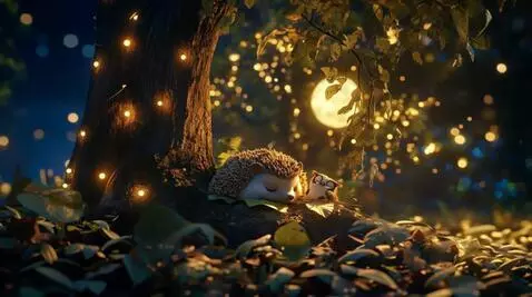 AI Video from prompt: The hedgehog covers himself with a leaf, sleeps,