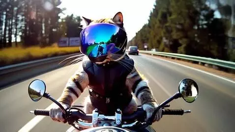 AI Video from prompt: Cat riding a motor bike on a highway with a bull