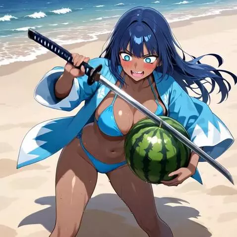 AI Video from prompt: She cuts the watermelon in held in her left arm,