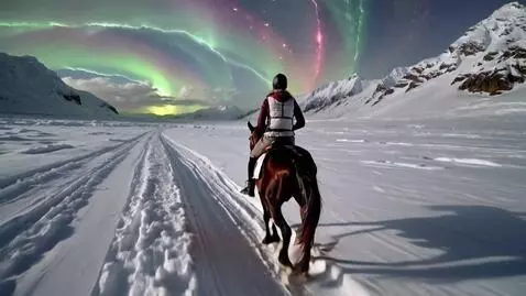 AI Video from prompt: Brave woman riding on a horse in the glacier int