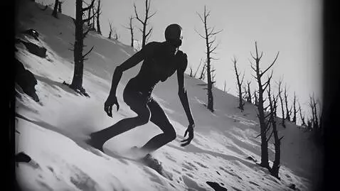 AI Video from prompt: A creepy thin otherworldly scary monster turns a