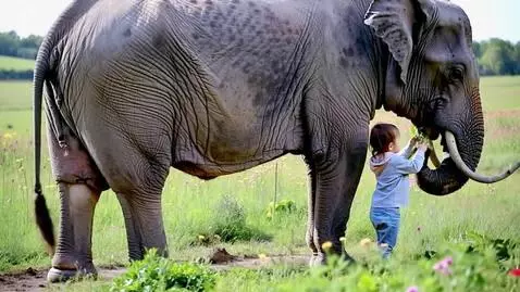 AI Video from prompt: An elephant feeding the child in an open field