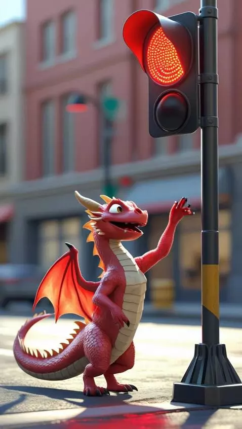 AI Video from prompt: A medium-sized red dragon standing on his hind l