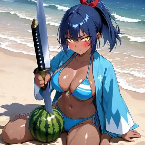 AI Video from prompt: She cuts the watermelon in front of her using ja