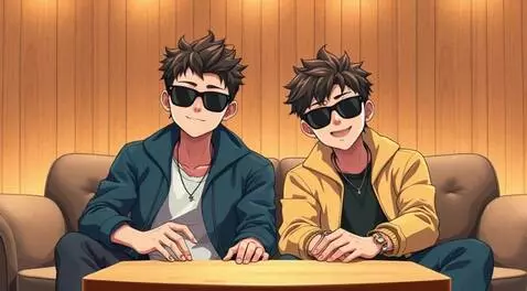 AI Video from prompt: Two anime boys wearing sunglasses sitting on sof