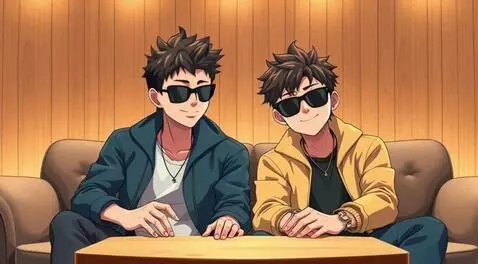 AI Video from prompt: Stylized anime scene of two cool boys in sunglas