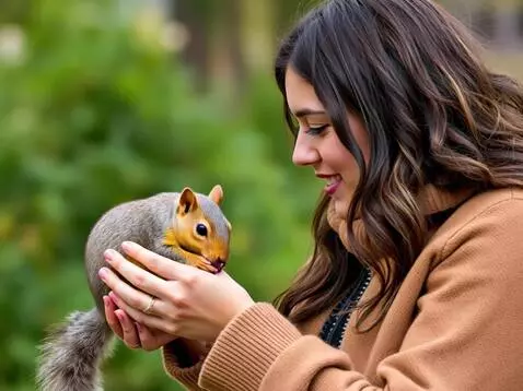 AI Video from prompt: A woman in a park holds a walnut half in her han