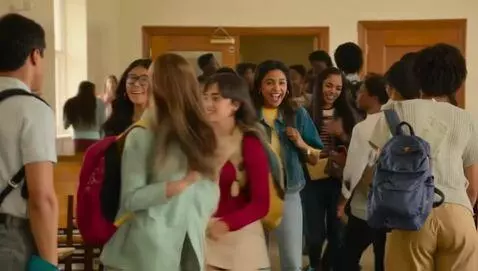 AI Video from prompt: Students returning from an assembly hall laughin
