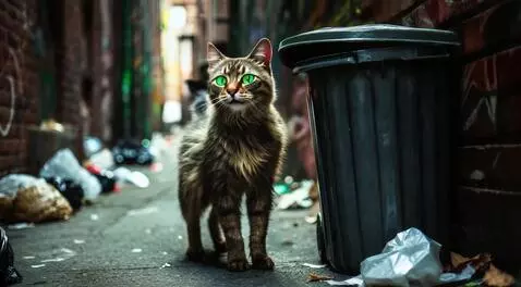 AI Video from prompt: A stray cat searching for food in the garbage bi