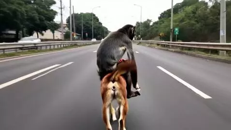 AI Video from prompt: Dog on the back of a monkey crossing a busy high
