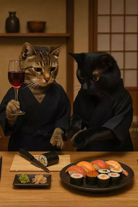AI Video from prompt: Bebe lentamente,cocina sushi,cinematografico cam