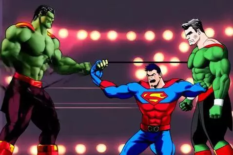 AI Video from prompt: Superman arm wrestling the hulk