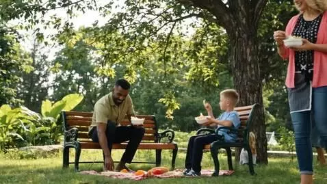 AI Video from prompt: Poor man and son begging for food and a rich fam