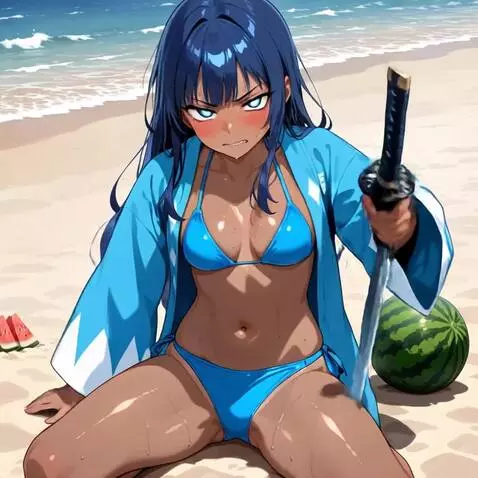 AI Video from prompt: She cuts the watermelon in front of her in half 