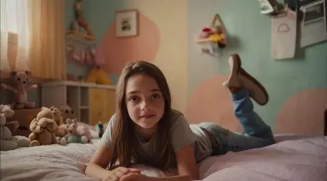 AI Video from prompt: A young girl laying on her beg but stands up and