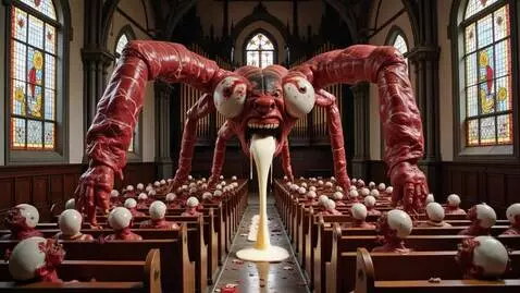 AI Video from prompt: A cathedral made of raw meat and pulsating veins