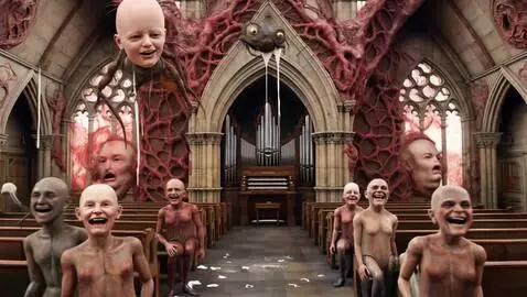AI Video from prompt: A cathedral made of raw meat and pulsating veins