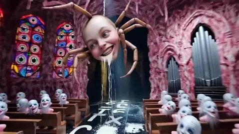 AI Video from prompt: A cathedral made of raw meat and pulsating veins