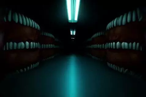AI Video from prompt: A long, endless corridor, dimly lit by buzzing f