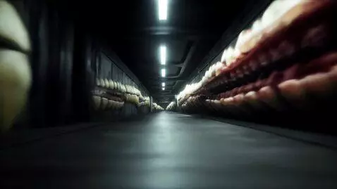 AI Video from prompt: A long, endless corridor, dimly lit by buzzing f