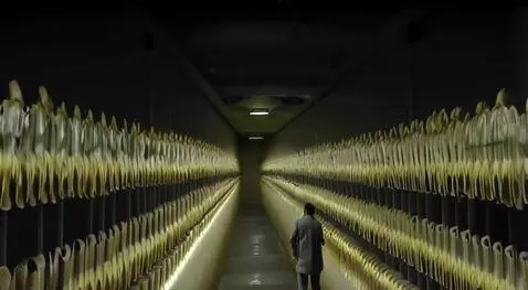 AI Video from prompt: A long, endless corridor, dimly lit by buzzing f