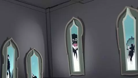 AI Video from prompt: A dark room lined with tall, cracked mirrors. In