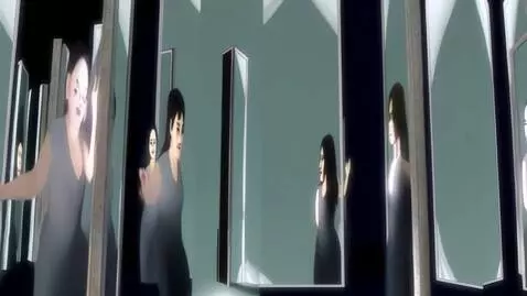 AI Video from prompt: A dark room lined with tall, cracked mirrors. In