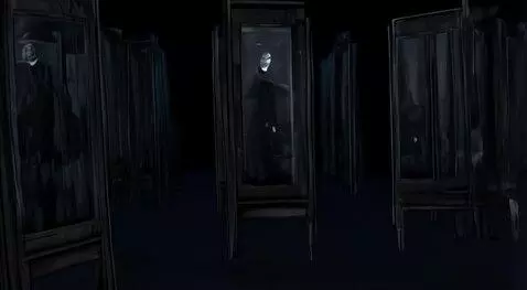 AI Video from prompt: A dark room lined with tall, cracked mirrors. In