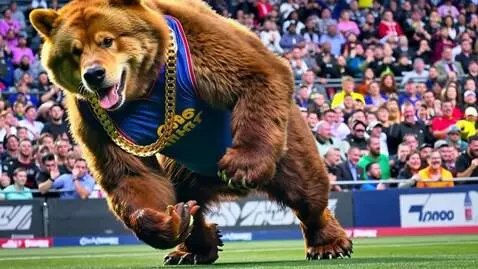 AI Video from prompt: A massive brown bear wearing a shiny golden Bitc