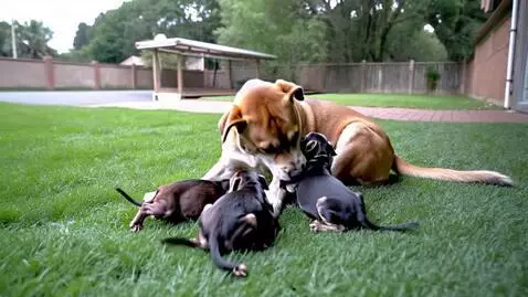 AI Video from prompt: A pitbull female with her children sucking. In t
