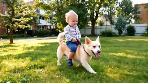 AI Video from prompt: A funny video of baby riding a dog going to scho
