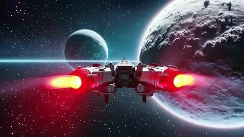 AI Video from prompt: A military spaceship with two cylindrical crimso