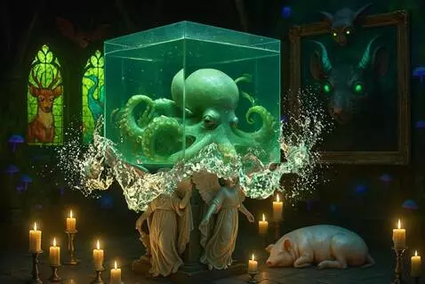 AI Video from prompt: water splashes as the octopus crawls out of the 
