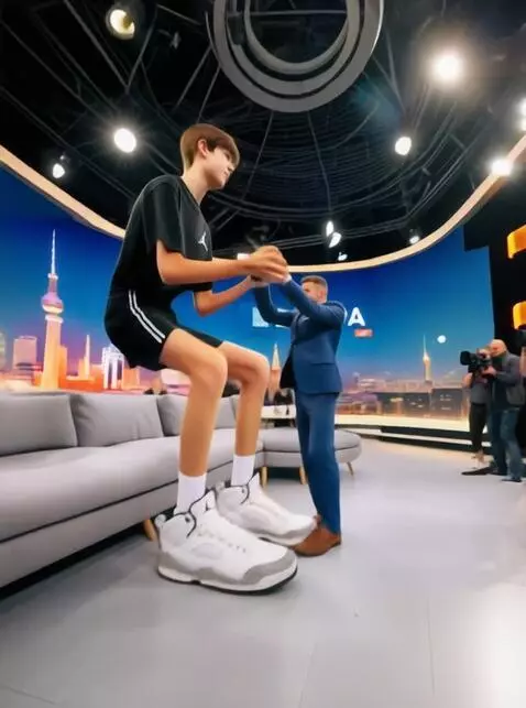 AI Video from prompt: The tall boy slowly stands up and lifts the pres