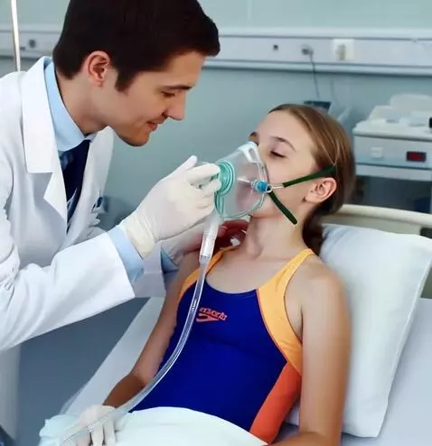 AI Video from prompt: Doctor giving swimmer girl oxygen mask .