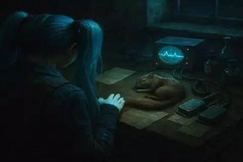 AI Video from prompt: Girl slowly stroke the head of dead moveless squ