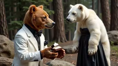 AI Video from prompt: A brown bear dressed in white suit on its knee p